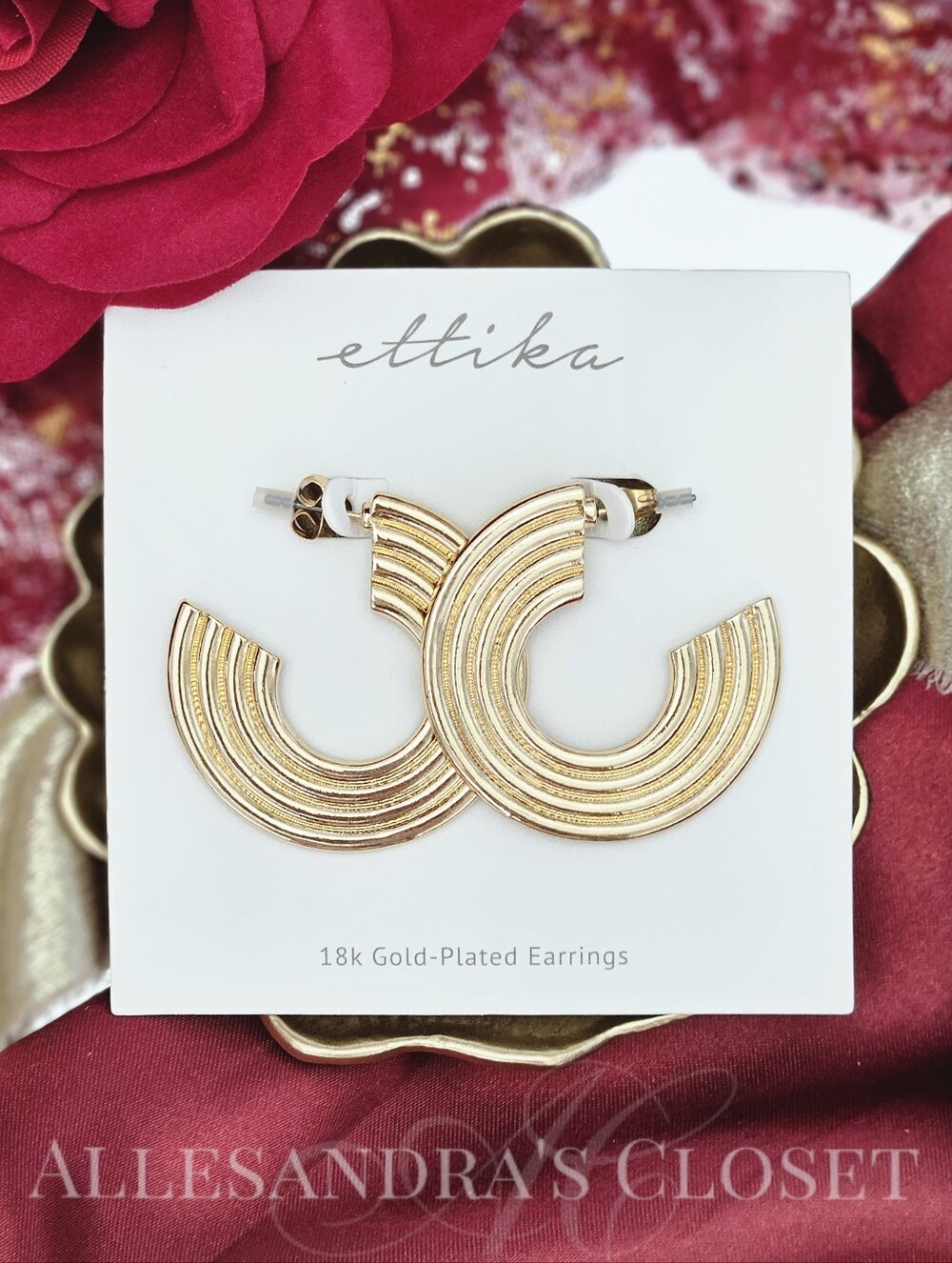 Ettika Earrings 1.5" 18k Gold Plated Textured Hoop Earrings Post Back Gift Boho